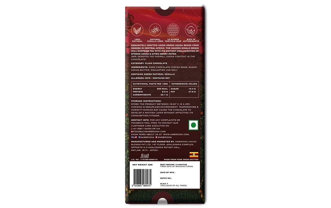 Ambriona 80% Uganda Single Origin Vegan & Gluten Free Dark Chocolate   Box  50 grams